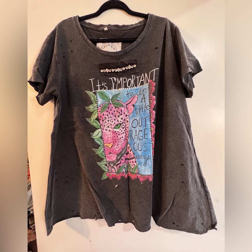 A Rare Bird Washed/Distressed Tshirt w/ Pink Leopard Design & Rhinestone Accents